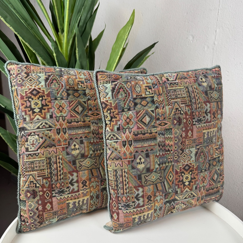 Set of Two Vintage Earthy Southwestern Aztec Geometric Woven Throw Pillows 13x13